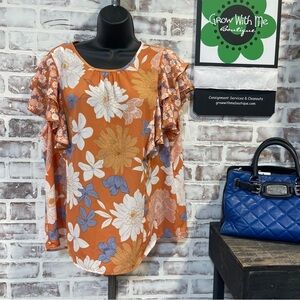 DR2 Orange Floral Blouse with Ruffled Sleeves  Womens XL